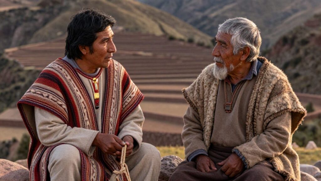 Un funcionario inca con un quipu dialoga con un anciano de una comunidad andina frente a un paisaje de terrazas agrícolas.