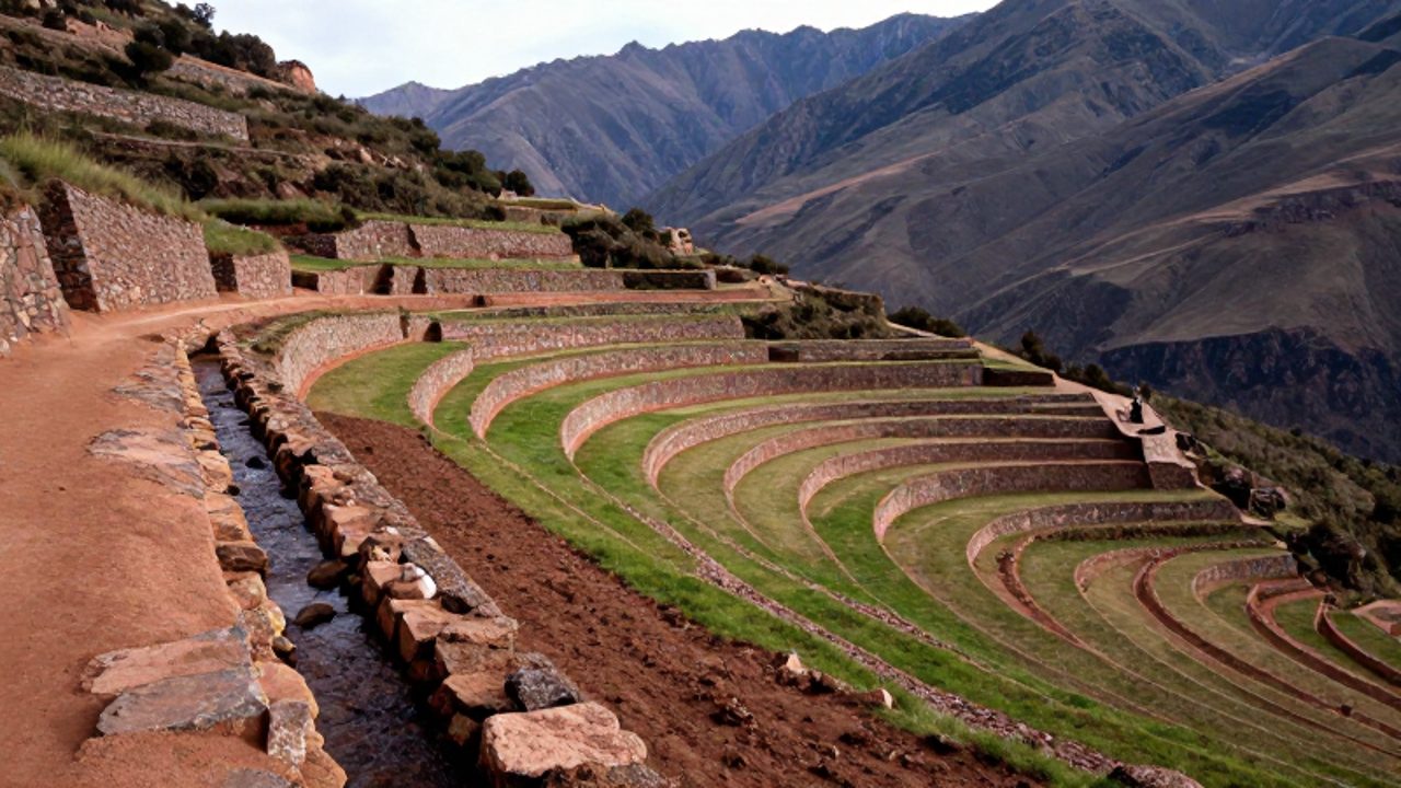 Andenes incas tallados en una montaña andina con un canal de riego de piedra que distribuye agua entre los niveles de cultivo.