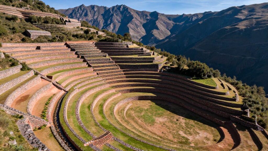 Terrazas agrícolas incas con muros de piedra tallada y canales de riego que descienden por la ladera de una montaña andina.