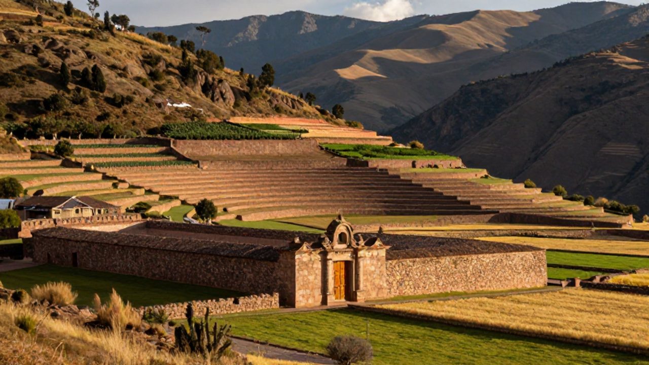 Terrazas agrícolas andinas de piedra que descienden por una montaña junto a una estructura de piedra de estilo colonial en los Andes peruanos.