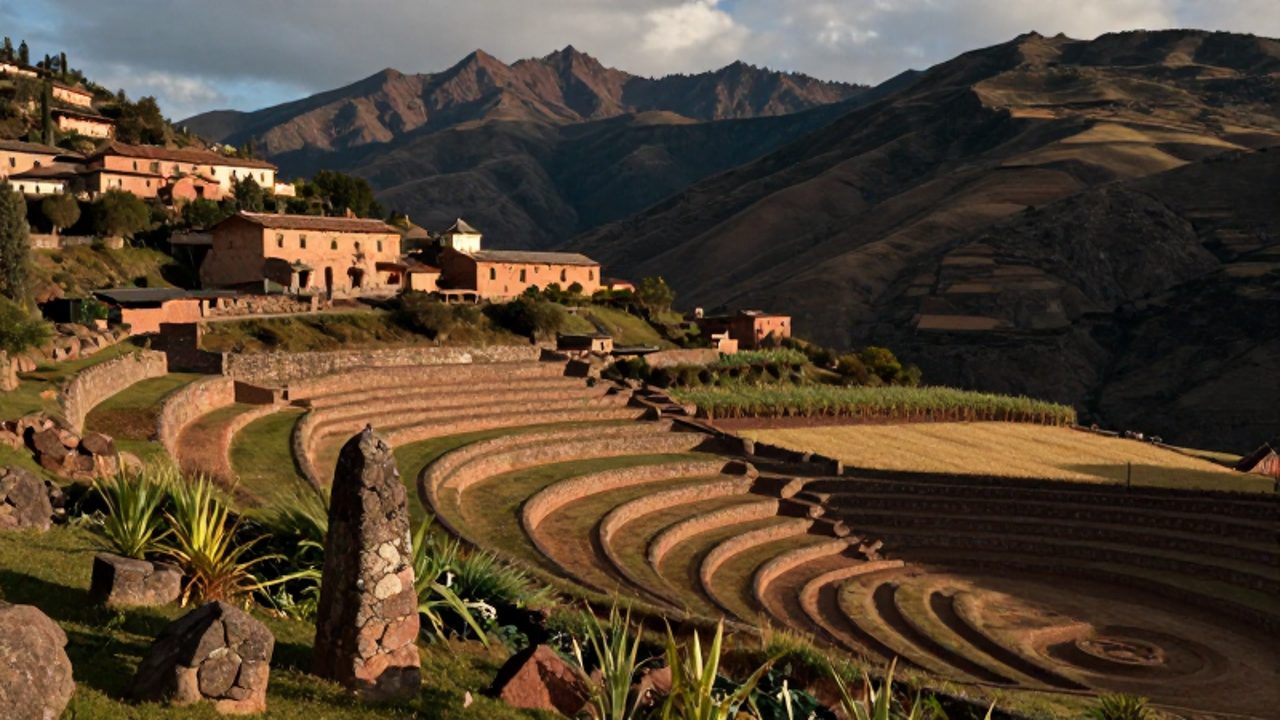 Andenes incas con cultivos nativos en una montaña andina frente a campos de trigo y caña de azúcar introducidos por una hacienda colonial.
