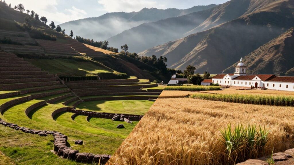 Paisaje dividido donde se comparan los andenes agrícolas incas con cultivos de trigo y caña de azúcar junto a una hacienda colonial.