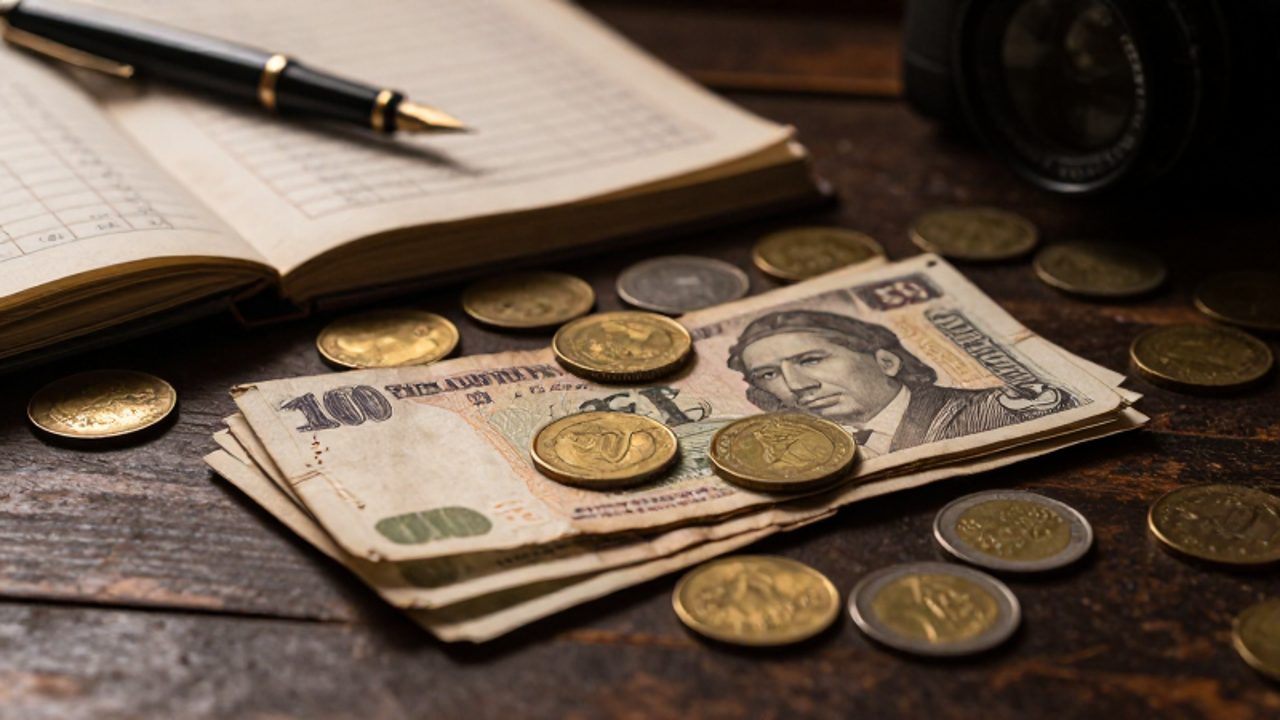 Billetes peruanos desgastados y monedas de oro esparcidas sobre un escritorio de madera junto a un libro de contabilidad antiguo.