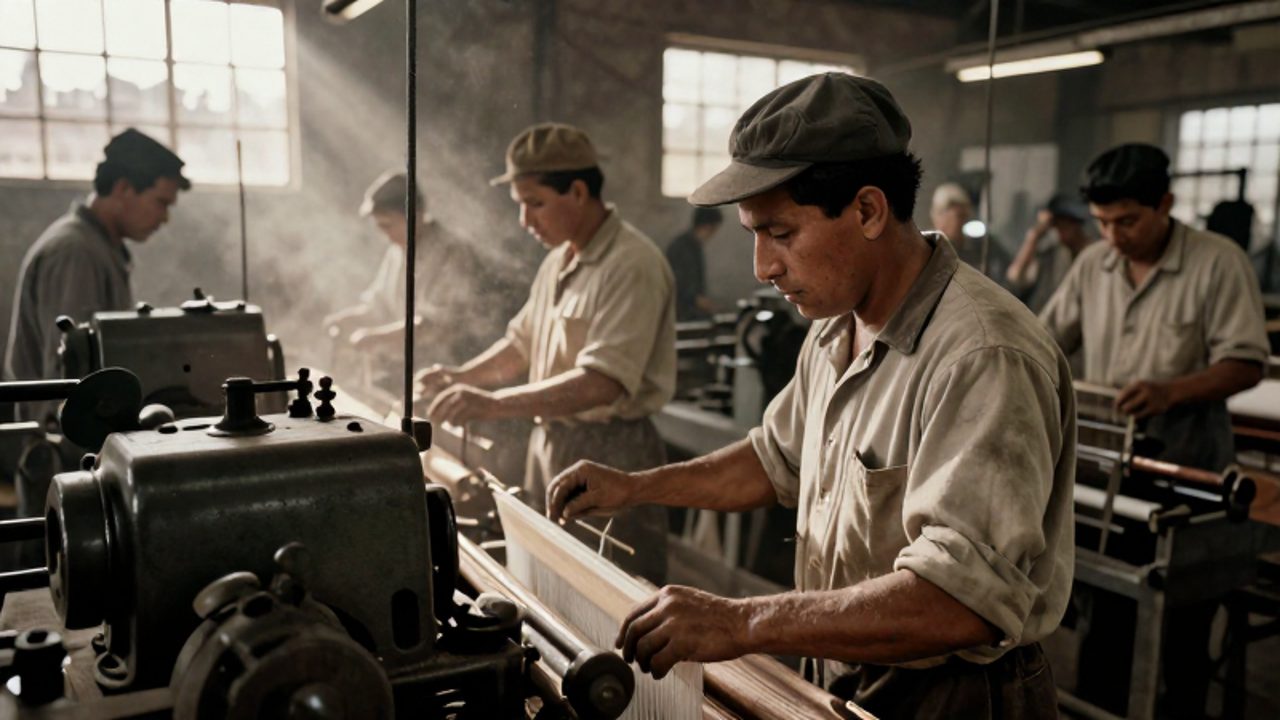 Obreros peruanos de la década de 1930 operan telares y maquinaria industrial en una fábrica con luz natural filtrándose por las ventanas.