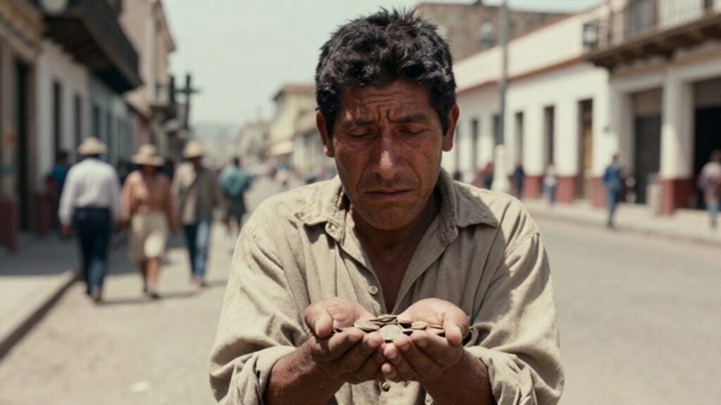 Trabajador peruano con expresión de angustia sostiene un puñado de monedas desgastadas en una calle polvorienta de Lima durante la década de 1930.