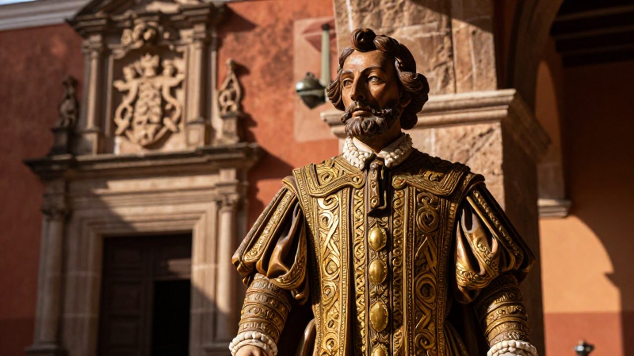 Escultura de madera de estilo barroco que representa a un dignatario colonial con vestiduras ornamentadas de pan de oro en un patio histórico.