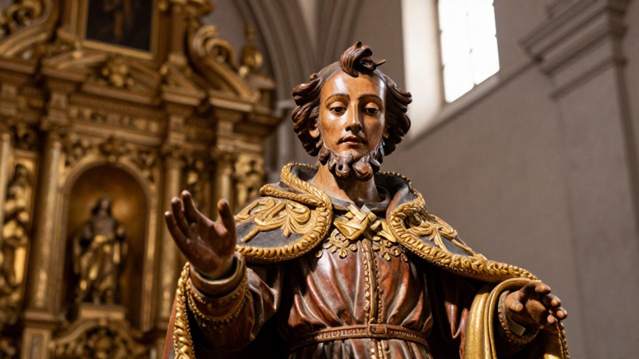 Escultura religiosa de madera policromada con detalles de bordados y rostros expresivos, situada en el interior de una catedral peruana con un retablo dorado al fondo.