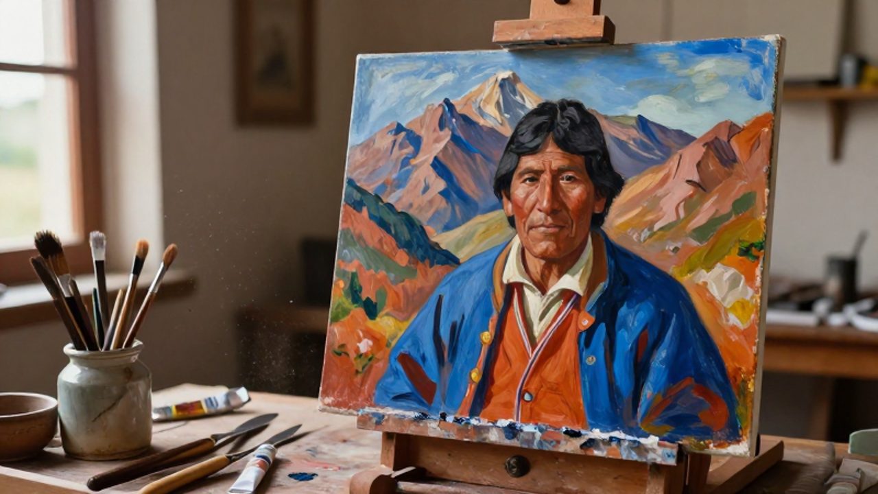Un caballete de madera sostiene un cuadro al óleo de un hombre andino frente a un paisaje montañoso en un estudio de arte iluminado por el sol.