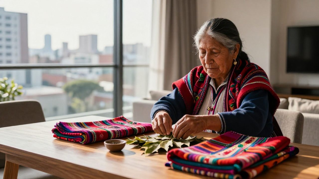 Manos de una mujer andina organizando textiles tradicionales y hojas de coca sobre una mesa de madera en un apartamento moderno con vista a la ciudad de Lima.