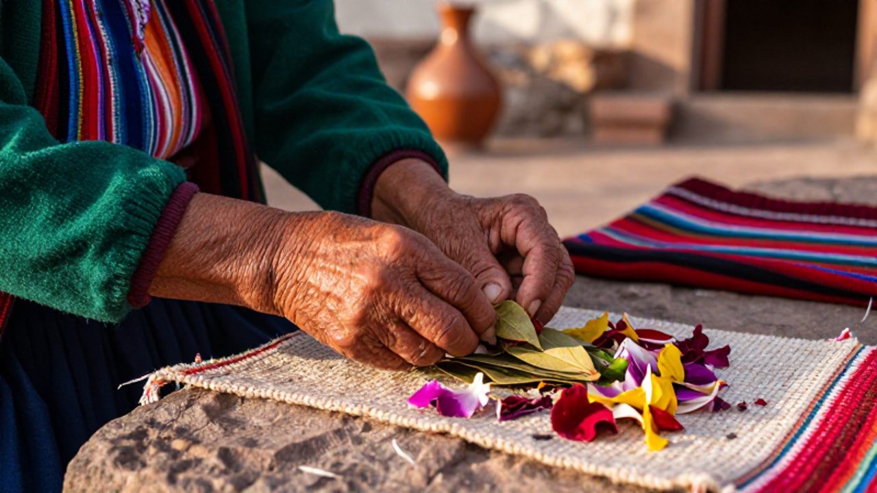 Manos de una mujer anciana peruana colocando hojas de coca y pétalos de flores sobre un tejido durante un ritual tradicional en un patio iluminado por el sol.