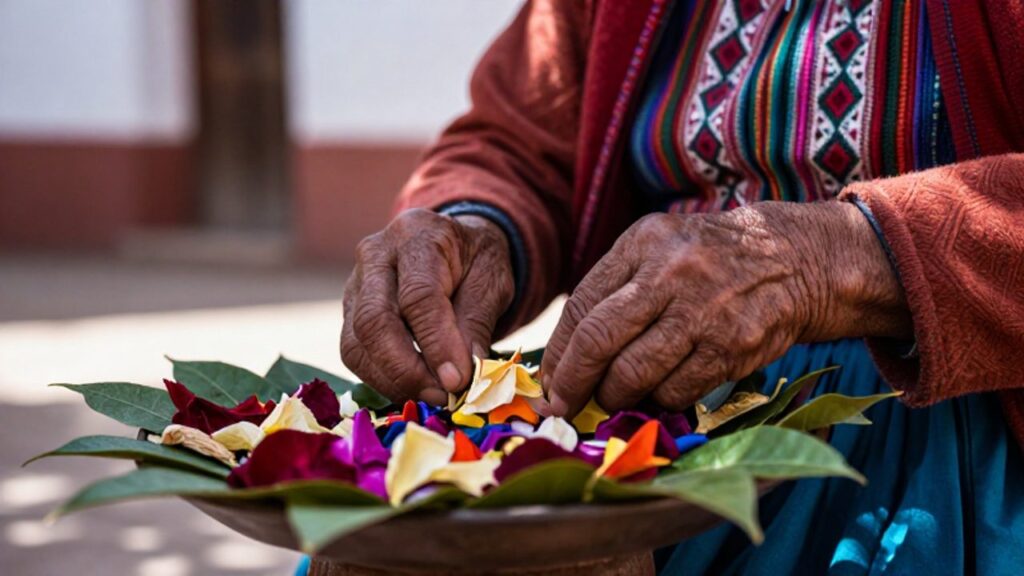 Manos de una mujer andina disponiendo pétalos de flores y hojas de coca sobre una ofrenda ceremonial en un patio iluminado por el sol.