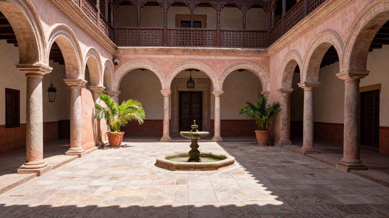 Patio central de una mansión colonial con arcos de piedra, una fuente de agua y luz solar filtrándose a través de celosías de madera.