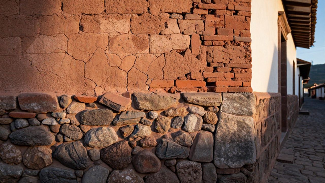 Detalle de la unión entre ladrillos de adobe y cimientos de piedra en una pared colonial, mostrando grietas y desgaste por la erosión.