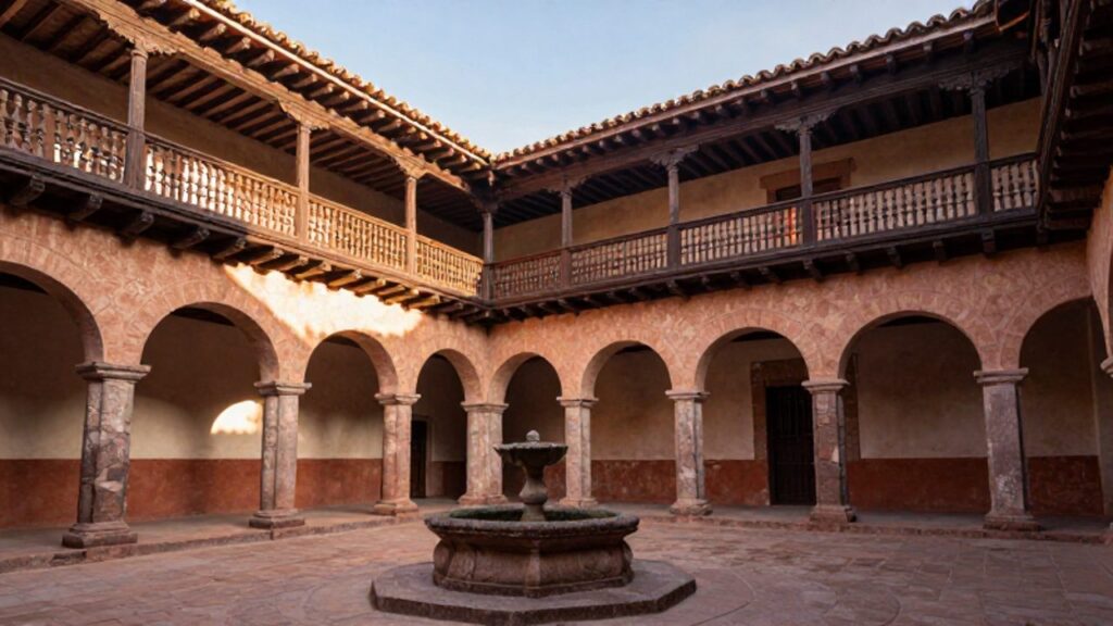Patio central de una casona colonial con una fuente de piedra, paredes de adobe y un balcón de madera con celosías para la ventilación.