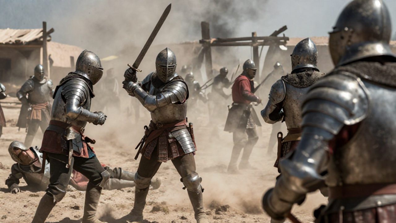 Soldados españoles del siglo XVI con armaduras desgastadas se enfrentan en un combate cuerpo a cuerpo en un campo de batalla polvoriento con estructuras coloniales incendiadas al fondo.