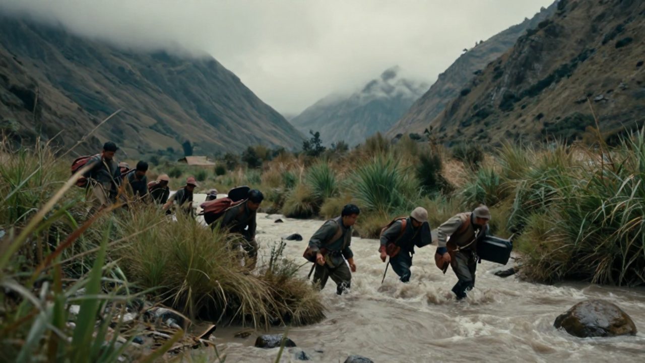 Soldados del siglo XIX luchan por cruzar un río caudaloso entre vegetación densa y montañas escarpadas en un valle andino.