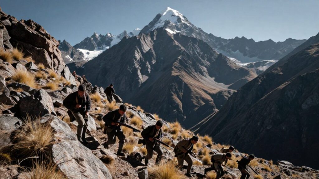 Soldados de la época republicana con uniformes de lana atraviesan con dificultad un escarpado y empinado paso de montaña en los Andes peruanos.