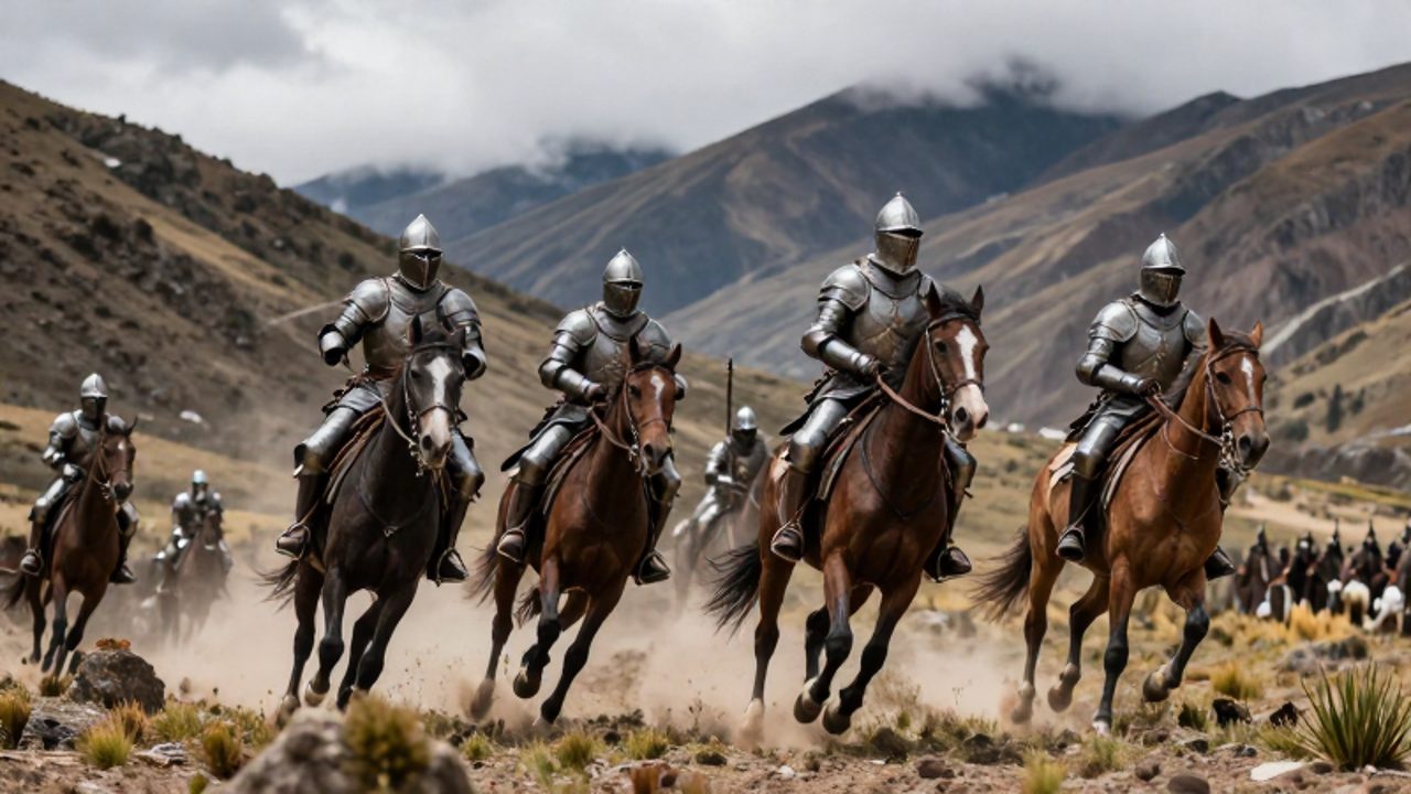 Conquistadores españoles en una carga de caballería con armaduras de acero a través de un altiplano andino montañoso.