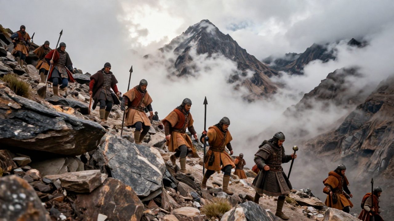 Guerreros incas de vanguardia atraviesan un estrecho y escarpado paso de montaña en los Andes para abrir paso a su formación.