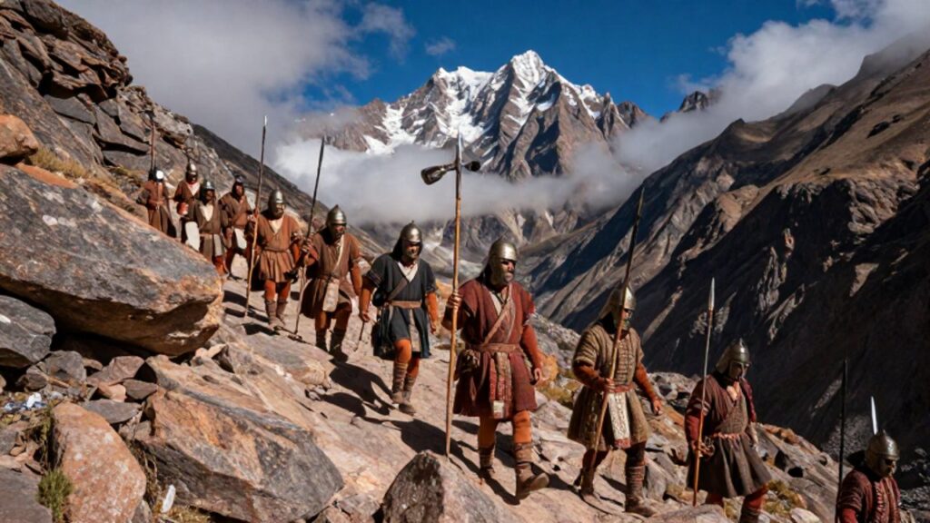Guerreros de la vanguardia inca avanzada con lanzas y mazas por un estrecho sendero de piedra en los Andes.