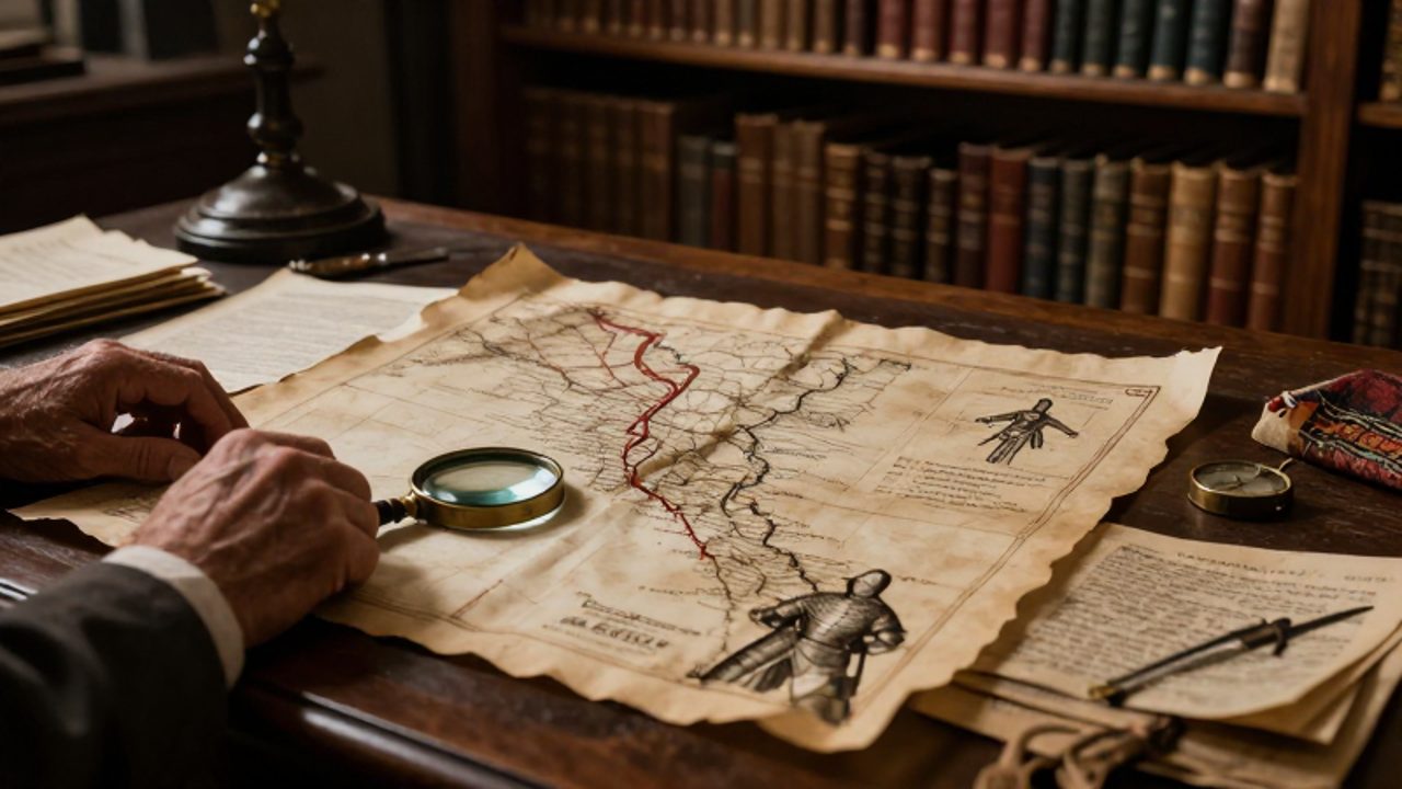 Manos de un investigador despliegan mapas antiguos y manuscritos coloniales sobre un escritorio académico rodeado de objetos históricos.