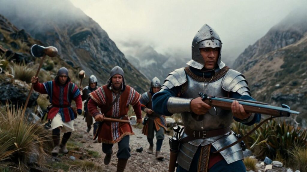 Soldados españoles con armaduras de acero y guerreros andinos con textiles coloridos se enfrentan en un combate en un estrecho paso de montaña cubierto de niebla.