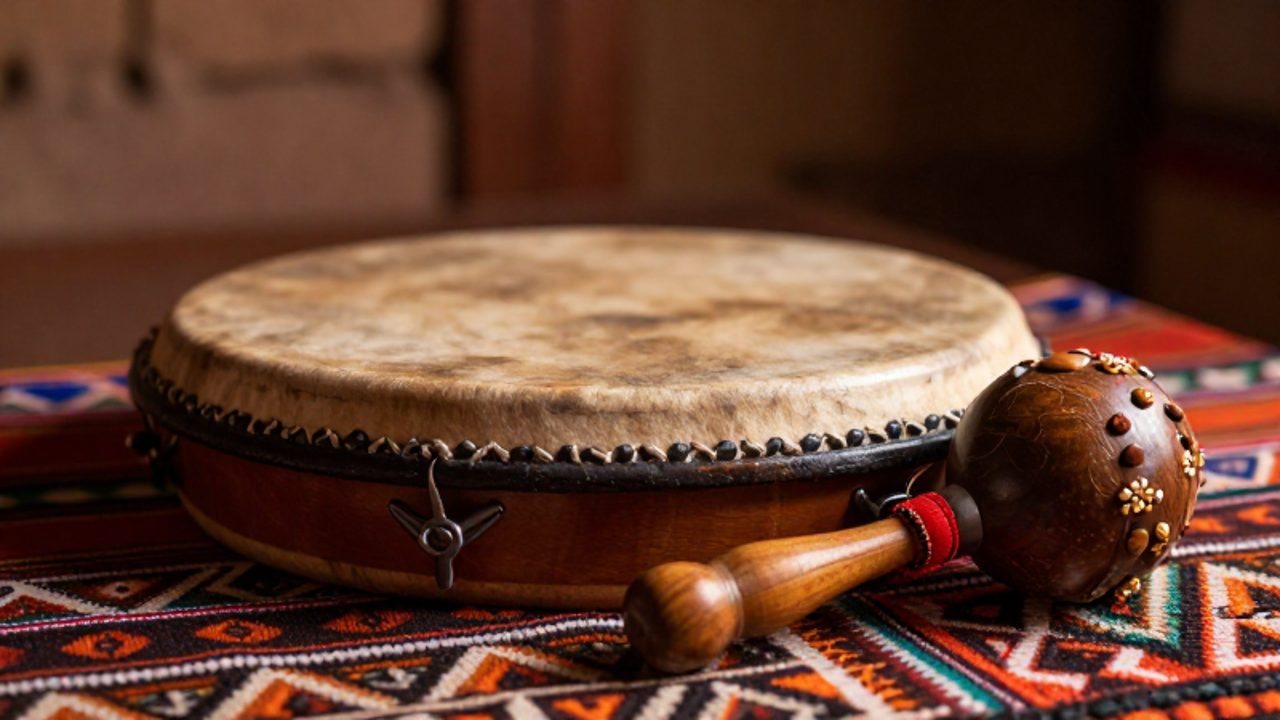 Un tambor de madera con cuero curtido y un sonajero de semillas descansan sobre un textil andino con patrones geométricos.