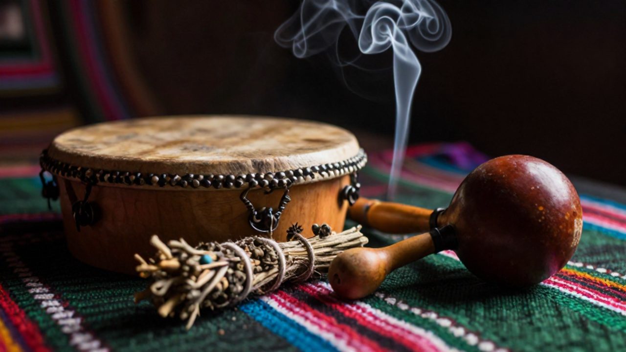Conjunto de elementos rituales que incluye un tambor de madera, hierbas medicinales y un sonajero de calabaza sobre un tejido andino con ráfagas de humo de copal.
