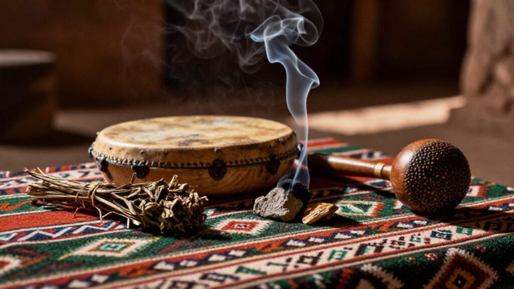 Conjunto de herramientas rituales que incluye un tambor de madera, hierbas medicinales, resina de copal humeante y un sonajero de semillas sobre un textil andino.