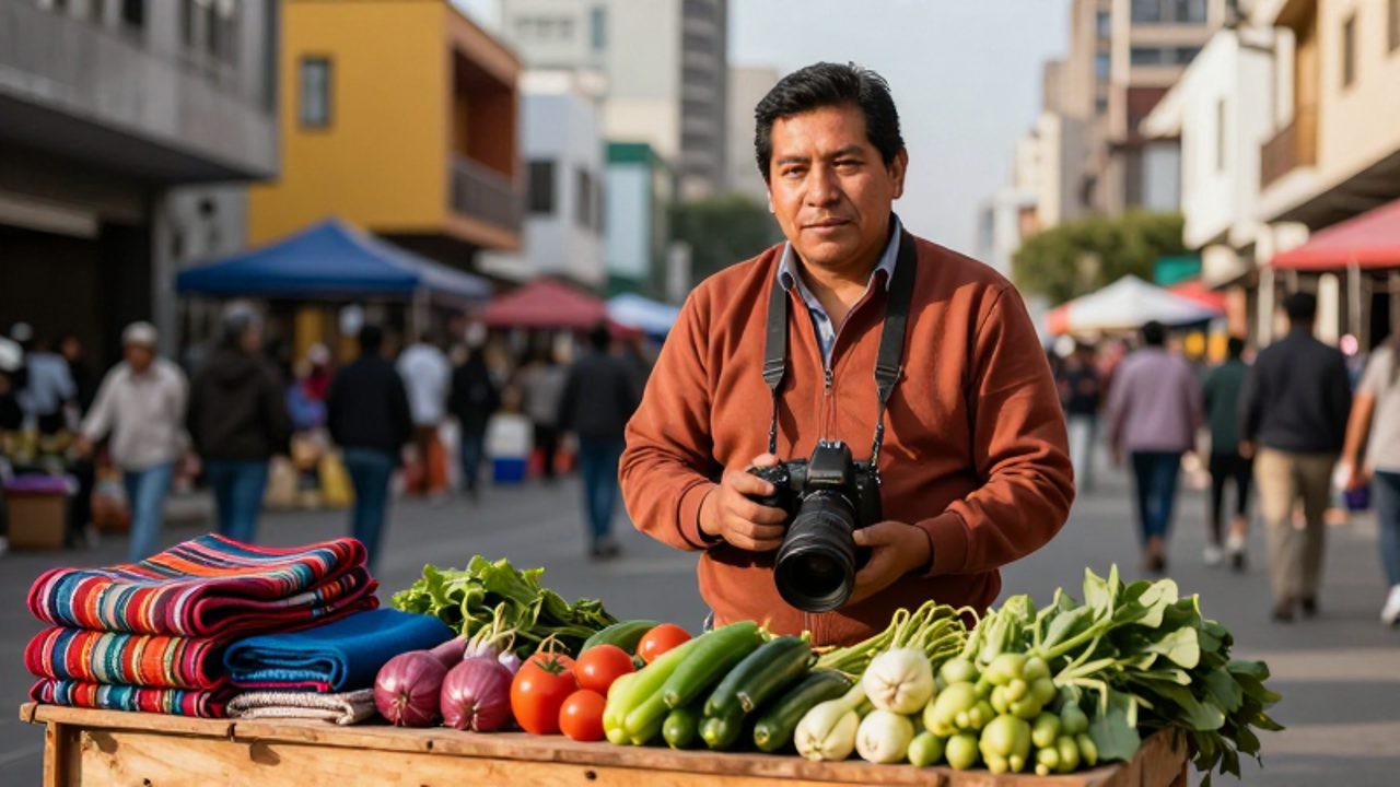Un emprendedor peruano organiza productos agrícolas y textiles coloridos en un puesto de un mercado vibrante en Lima.