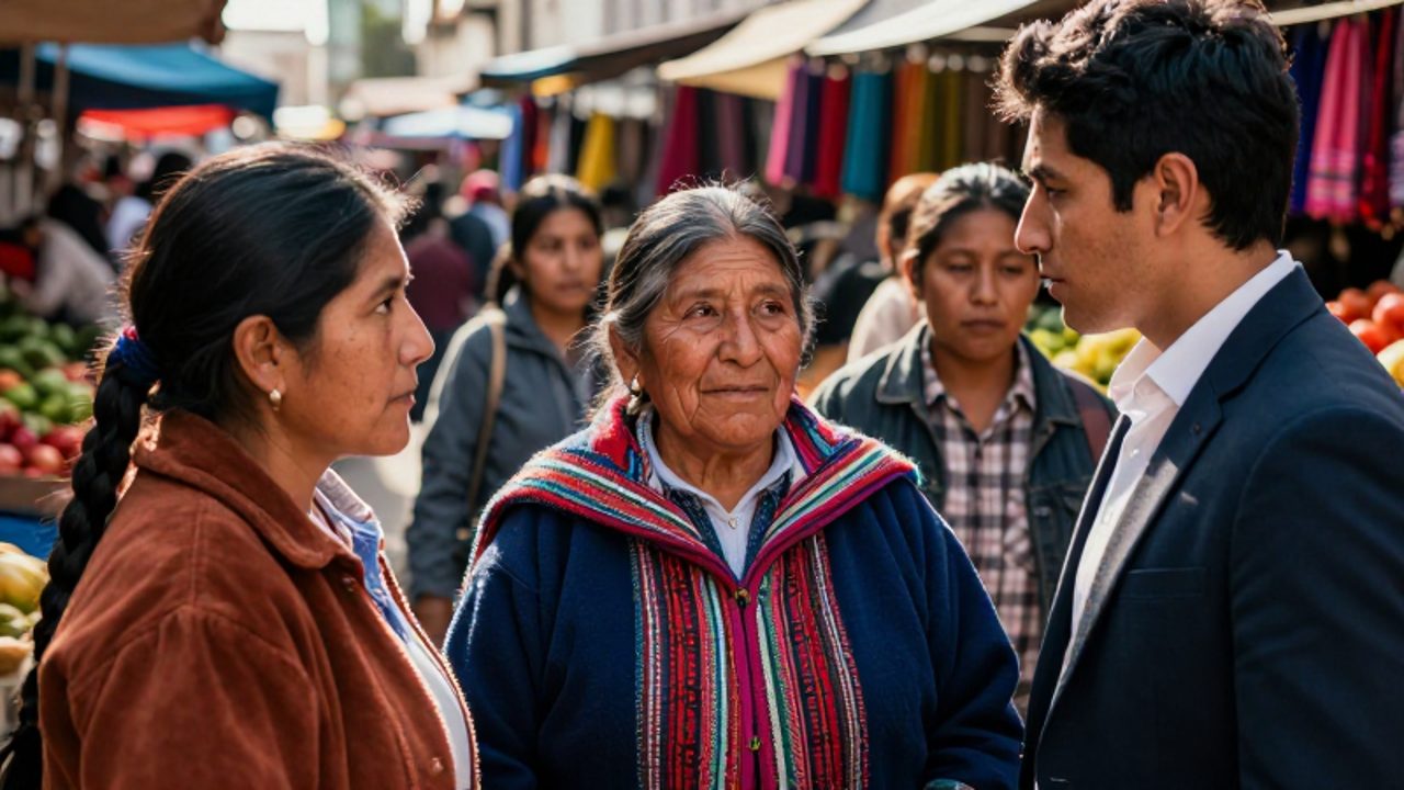 Una mujer andina de edad avanzada conversa con un joven profesional en un concurrido mercado urbano en Lima.