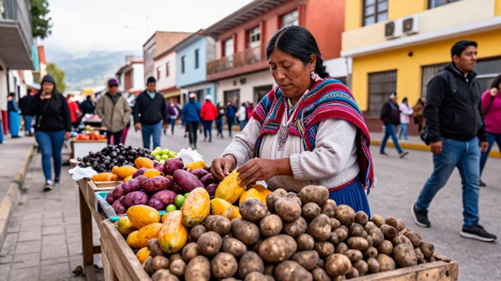 Una vendedora de productos andinos organiza papas nativas y chirimoyas en un puesto de mercado frente al movimiento de una calle urbana en Perú.