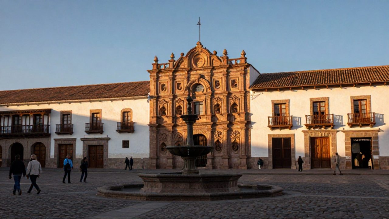 Personas caminan por una plaza colonial peruana con edificios históricos de balcones tallados y una fuente central de piedra bajo la luz del atardecer.