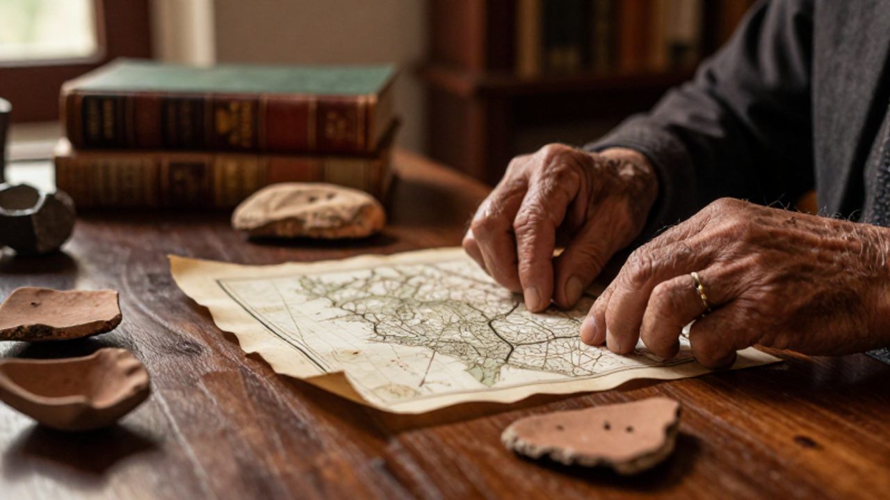 Manos de un historiador manipulando un mapa antiguo y fragmentos de cerámica sobre un escritorio de madera.