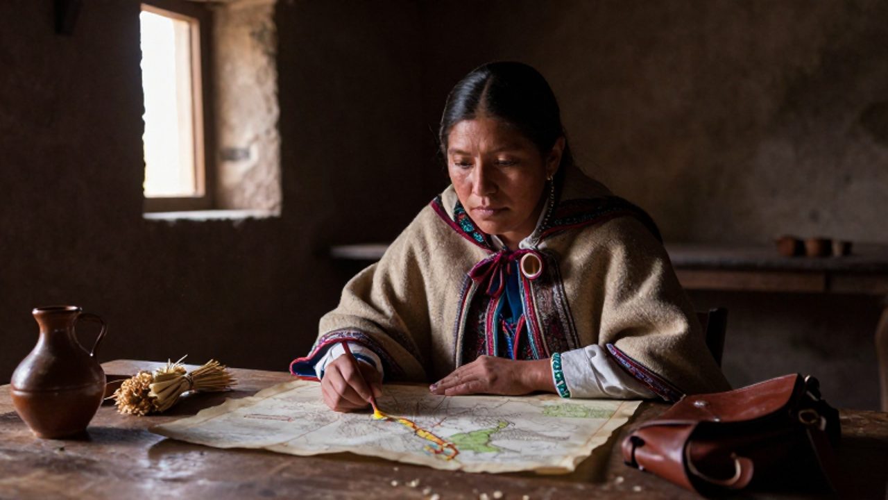 Micaela Bastidas estudia con determinación un mapa sobre una mesa de madera en una habitación de piedra, rodeada de suministros para la logística de la rebelión.