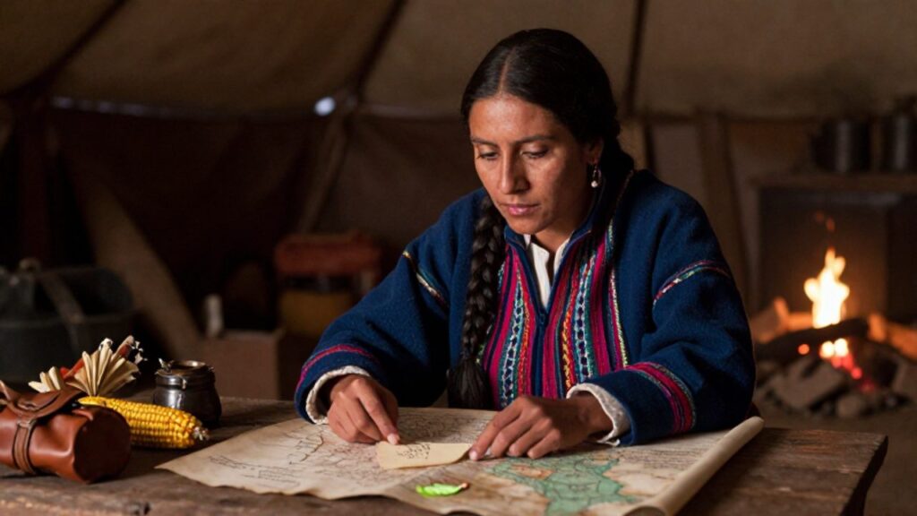 Micaela Bastidas analiza mapas y mensajes sobre una mesa de madera en un campamento militar durante la rebelión andina.