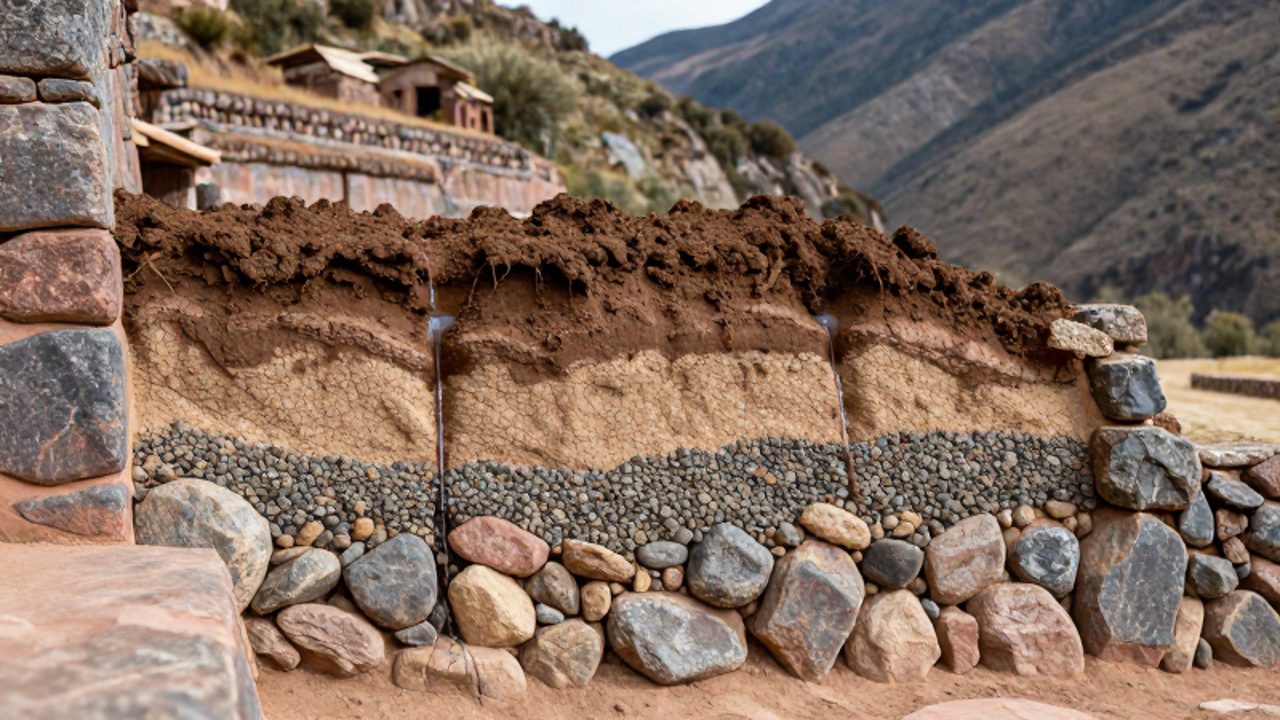 Sección transversal de un andén inca que muestra sus capas de piedras, grava y arena diseñadas para el filtrado y drenaje del agua bajo la capa de tierra fértil.