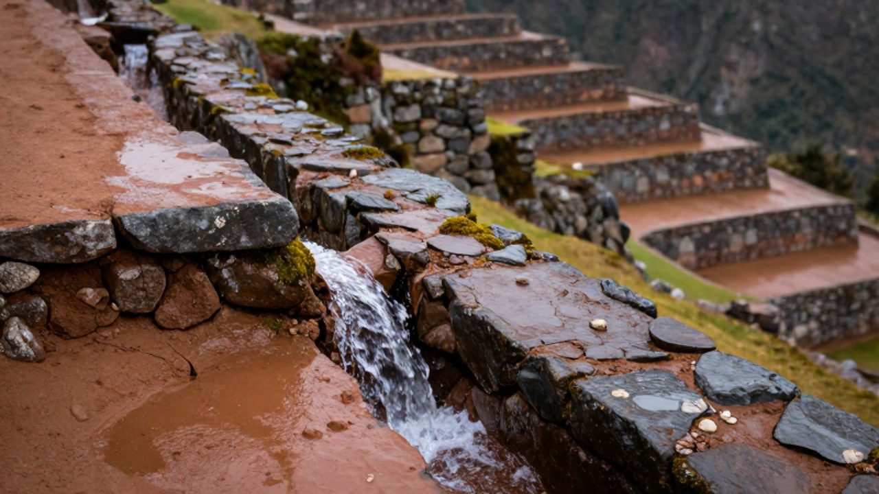 El agua de lluvia desborda un canal de piedra tallado en un andén inca, provocando una ligera erosión en la tierra y las piedras.