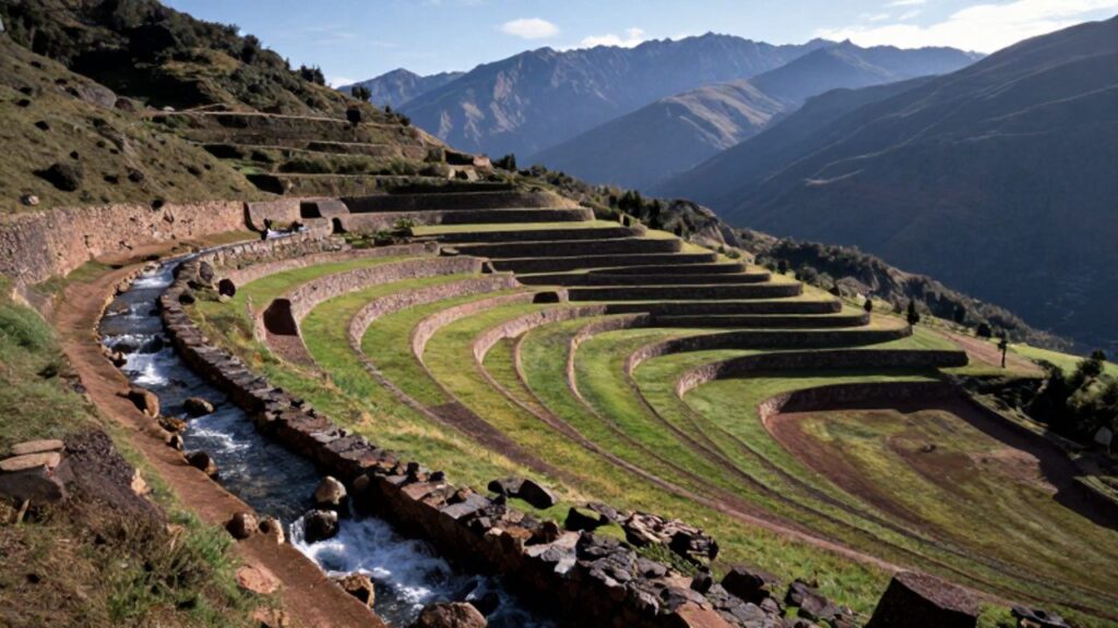 Canales de piedra tallada distribuyen agua a través de niveles de andenes agrícolas con vegetación verde en una ladera andina.