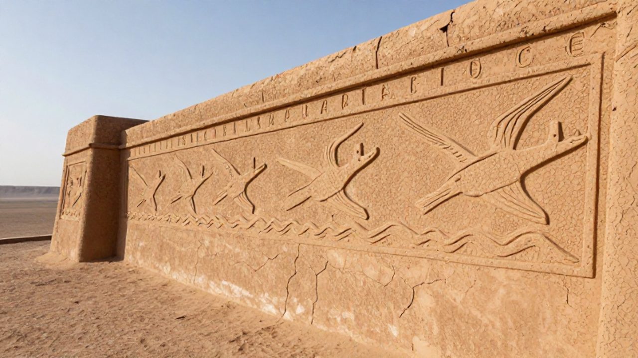 Muro de adobe de la ciudadela de Chan Chan con relieves tallados de aves marinas y olas sobre un fondo de paisaje desértico.