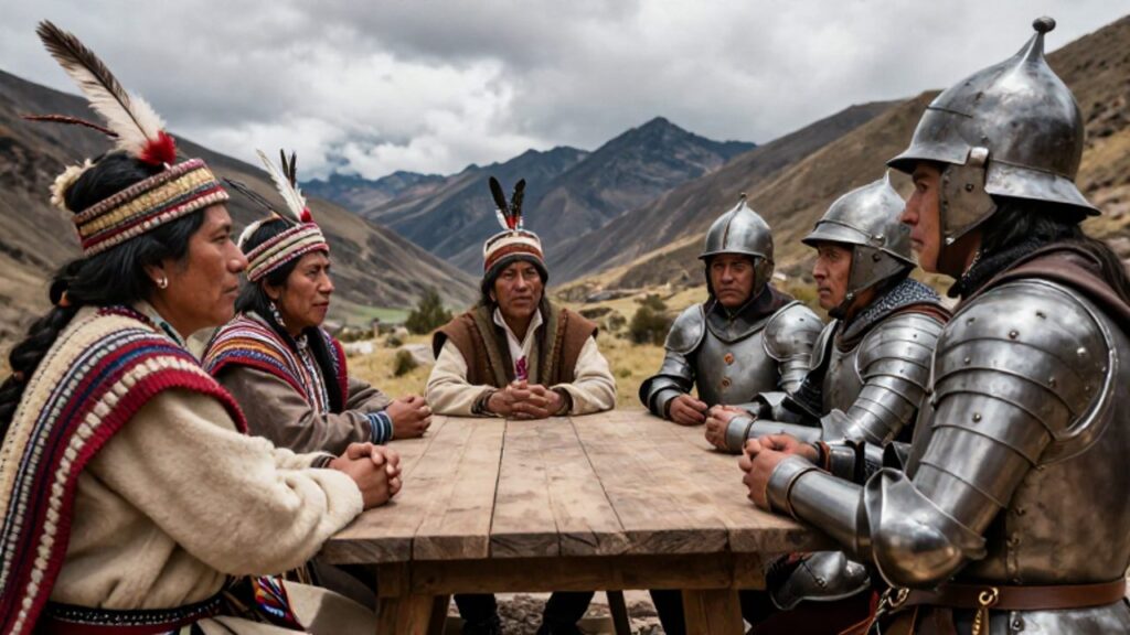 Líderes indígenas andinos y conquistadores españoles mantienen una tensa reunión en un valle montañoso de los Andes.