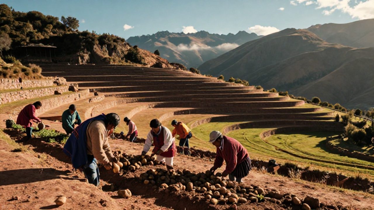 Miembros de una comunidad inca trabajan de forma colectiva cosechando cultivos en terrazas agrícolas andinas bajo la luz del sol.