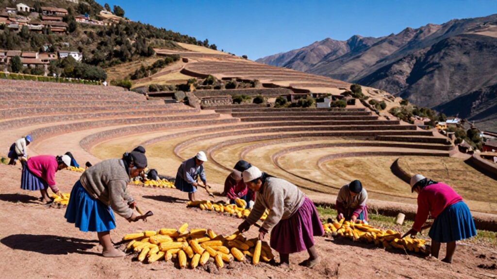 Personas de una comunidad inca trabajan de forma colectiva la cosecha de maíz y el cultivo de la tierra en terrazas agrícolas andinas.