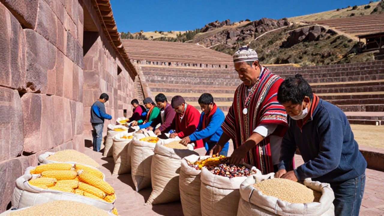 Un administrador inca con vestiduras ceremoniales supervisa la distribución de sacos de maíz y quinua frente a unos almacenes de piedra en las terrazas agrícolas andinas.