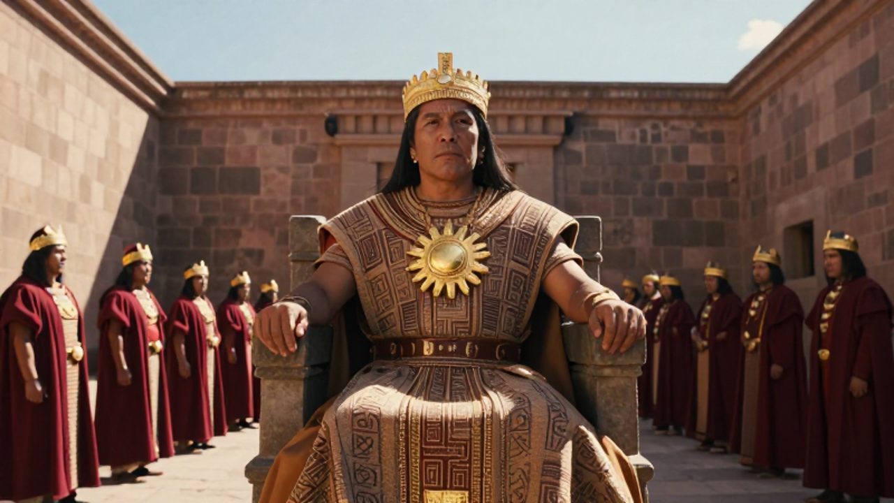 Un gobernante inca sentado en un trono de piedra en un palacio de Cusco, rodeado de nobles durante una ceremonia de sucesión.