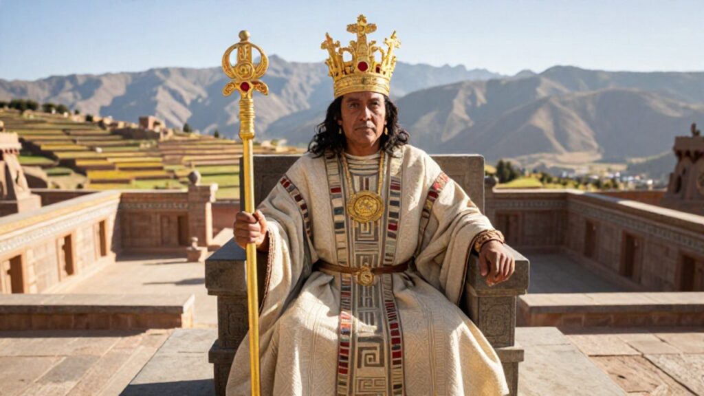 El Inca sentado en su trono de piedra con una corona de oro y un báculo ceremonial, con un paisaje de montañas y terrazas agrícolas de fondo.