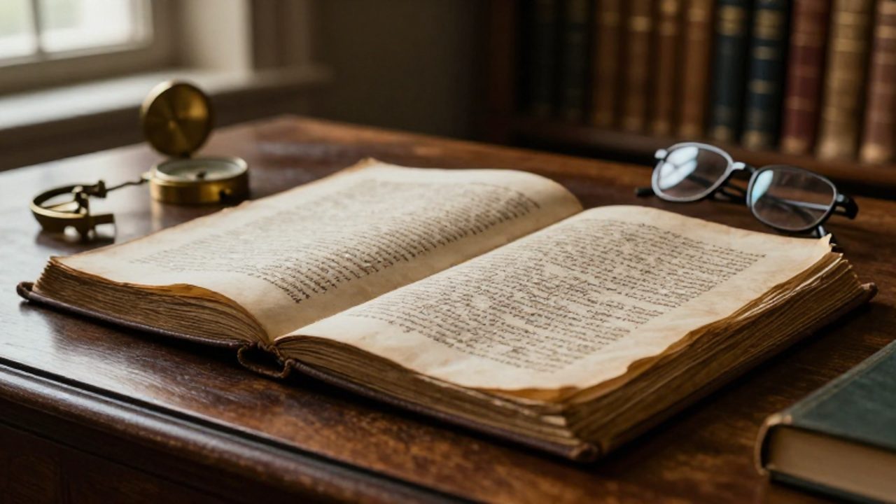 Manuscrito antiguo abierto sobre un escritorio de madera junto a una brújula de latón y anteojos, evocando la investigación histórica.