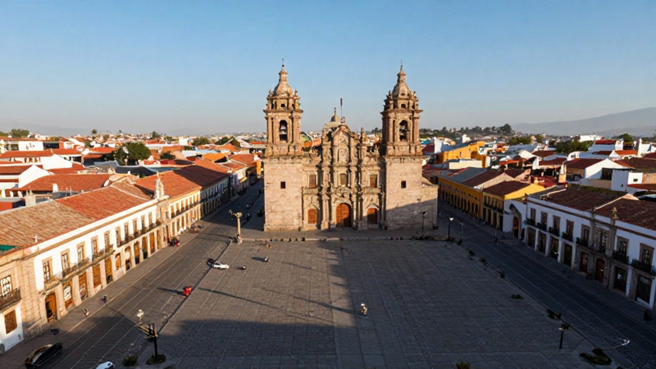 Vista aérea de una plaza principal peruana con el diseño de cuadrícula española, destacando una catedral barroca y calles de piedra en un trazado urbano colonial.
