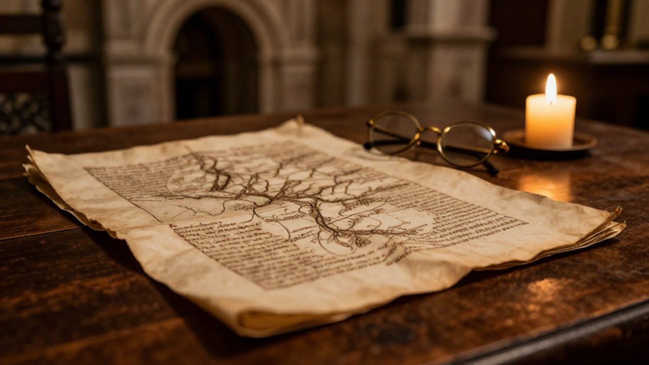 Manuscrito colonial con mapas antiguos y caligrafía sobre una mesa de madera, acompañado de unas gafas y una vela en un archivo histórico.
