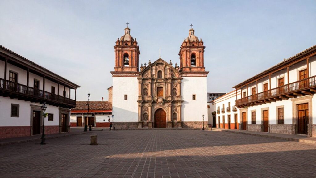Vista panorámica de una plaza colonial peruana con una catedral barroca y balcones de madera tallada bajo la luz del amanecer.